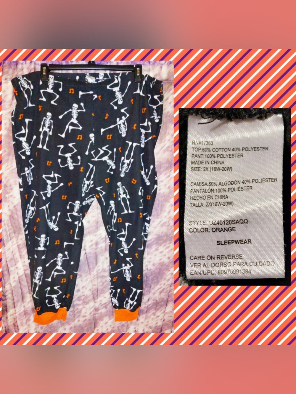 Walmart Blk/Wht/Orange Dancing Skeletons Fleece Lounge/Sleep Pants Sz 2X(18/20W)